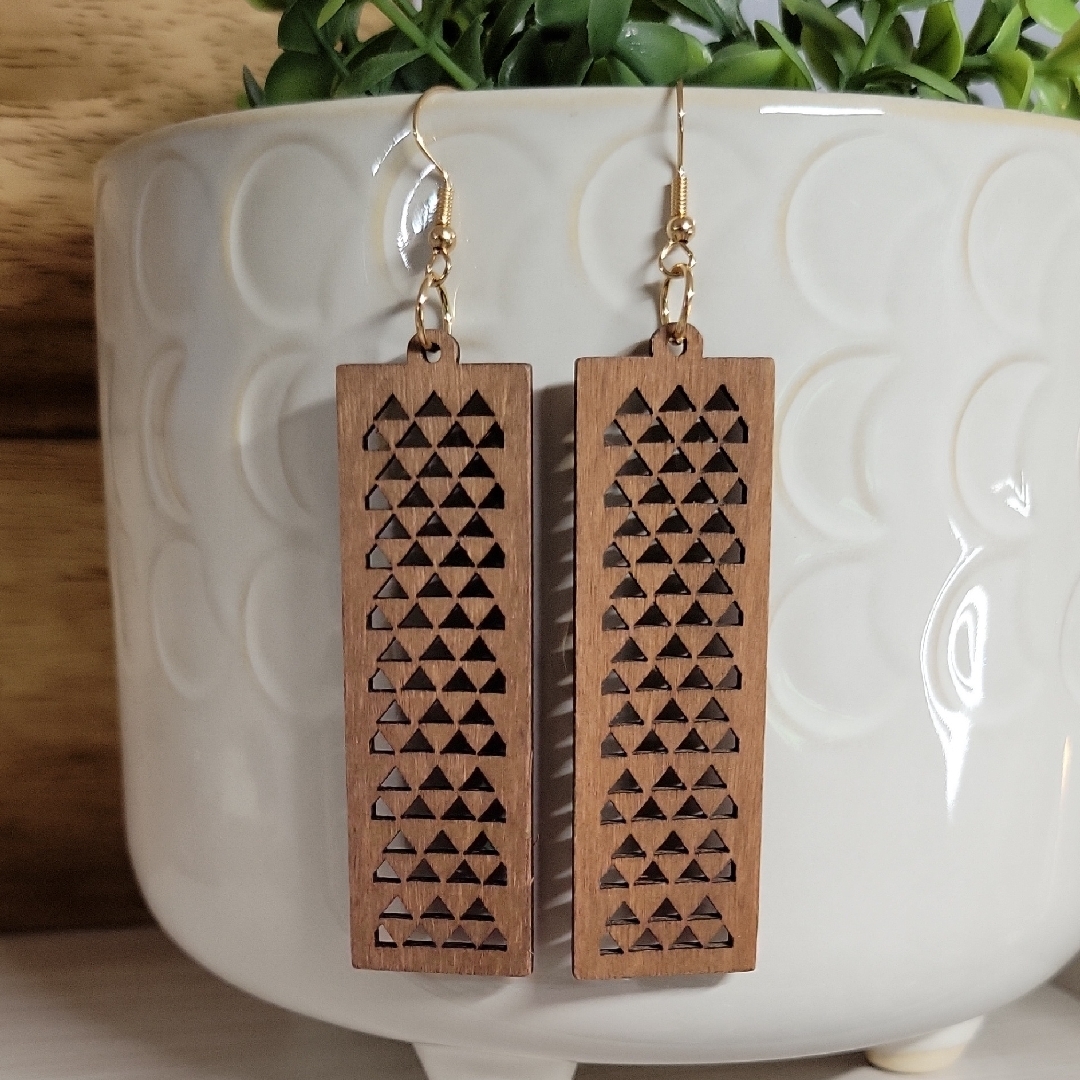 Handcrafted Walnut Wood Rectangle Drop Earrings With Gold Hooks